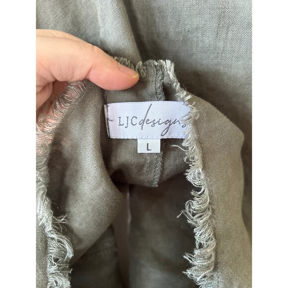 LJC Designs Olive Green Frayed Hem Linen Tulip Skirt Shift Dress - Picture 3 of 7